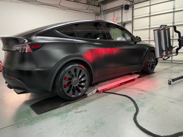Vehicle Wrap Post Infra-red Curing with Stek DYNOmatte on a Tesla Y Performance Vehicle Wrap Post Infra-red Curing with Stek DYNOmatte on a Tesla Y Performance